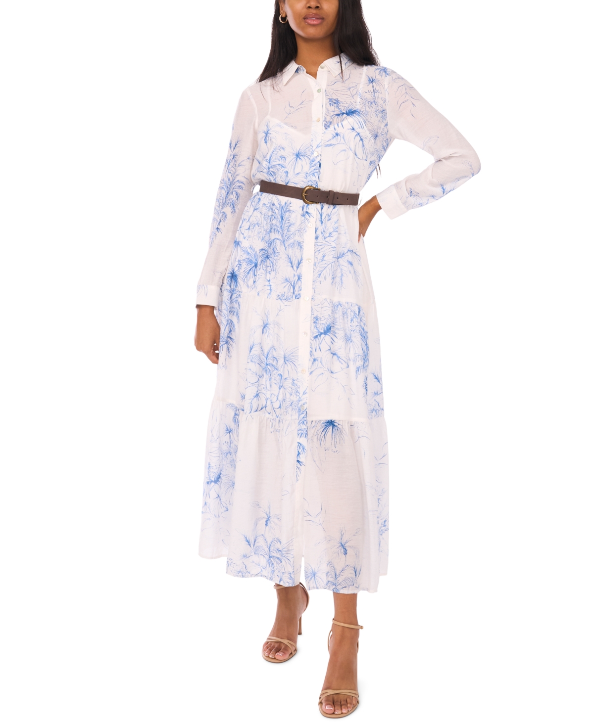 Msk Women's Long-Sleeve Collared Tiered Skirt & Belt Dress