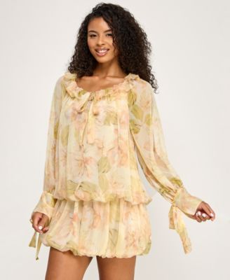 Juniors' Printed Drop Waist Ruffle Boat Neck Dress