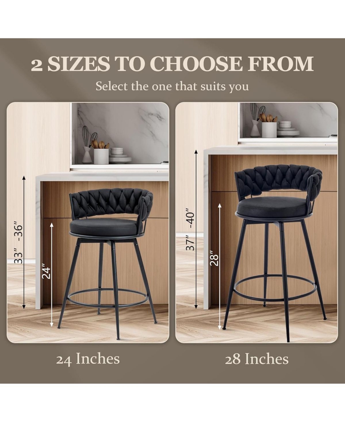 Dyhome 26 Inch Counter Height Bar Stools Set of 3, Swivel Pu Leather with Wood Backs, for Kitchen Island, Dining Room