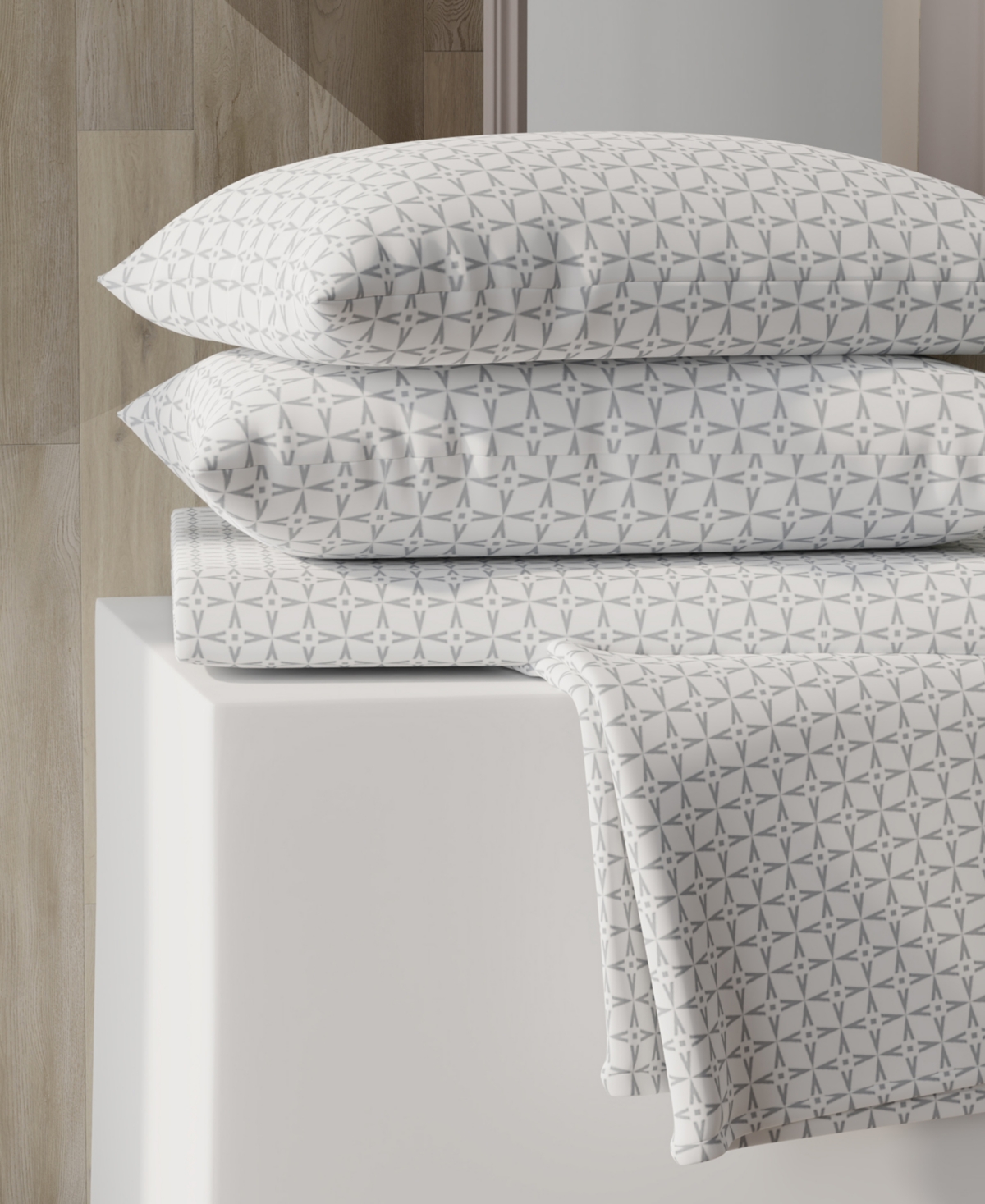 Color Sense Brushed Cool Crisp Printed Cotton 4-pc. Sheet Set, Queen In Gray