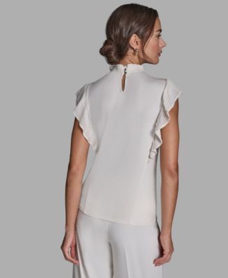 Women's Pleated Mock Neck Flutter Sleeve Top