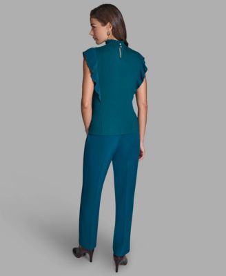 Women's Pleated Mock Neck Flutter Sleeve Top