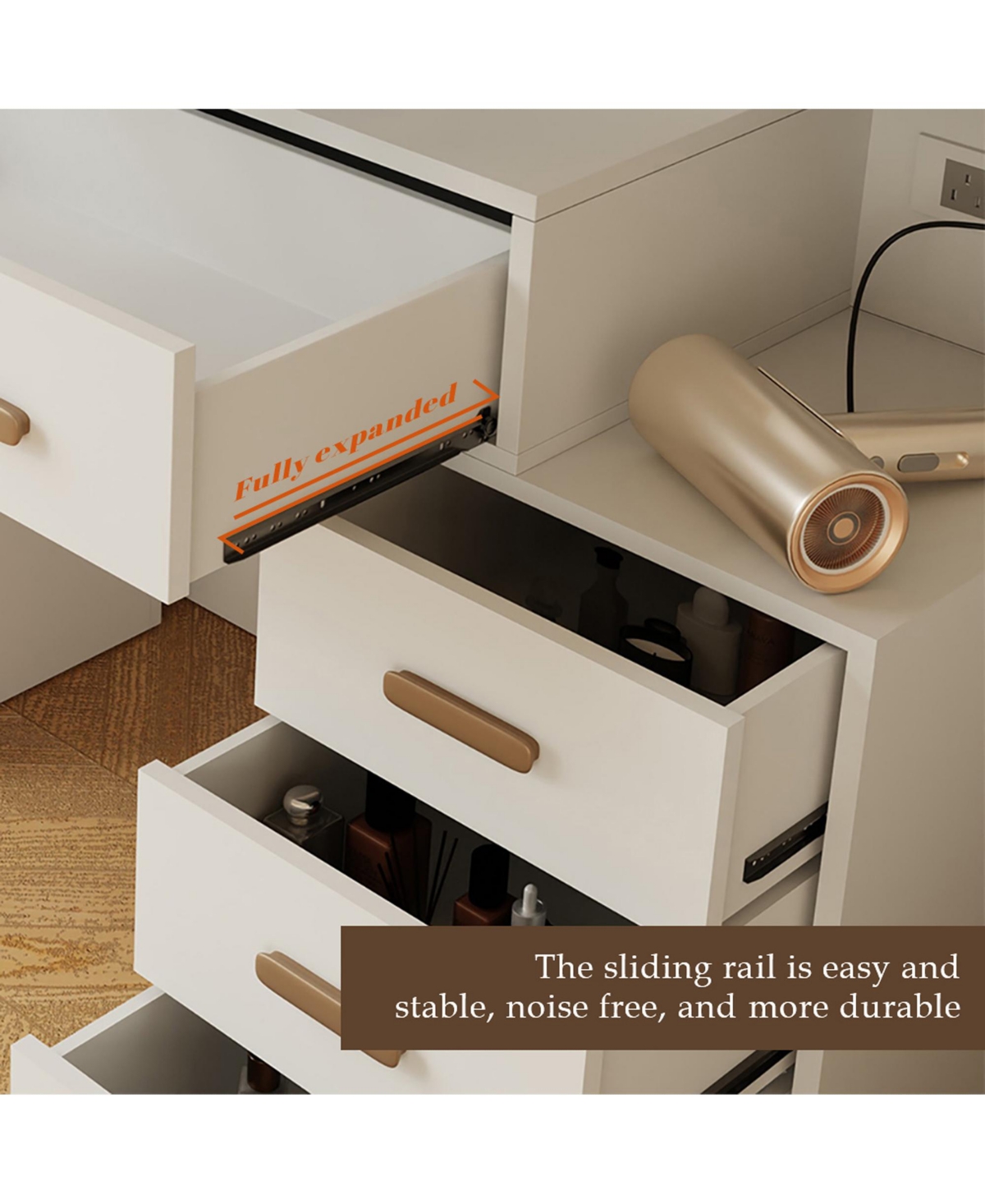 Dyhome Vanity Desk with Mirror and Lights and Charging Station with 7 Drawers & 3 Cabinets