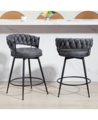 Swivel Bar Stools Set of 2, 24 Inches Modern Counter Height Bar Stools with Woven Back, Upholstered Suede Tall Barstools