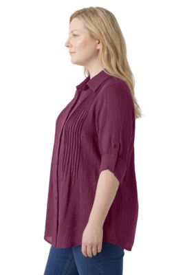 Plus Size Pintucked Button Down Gauze Shirt