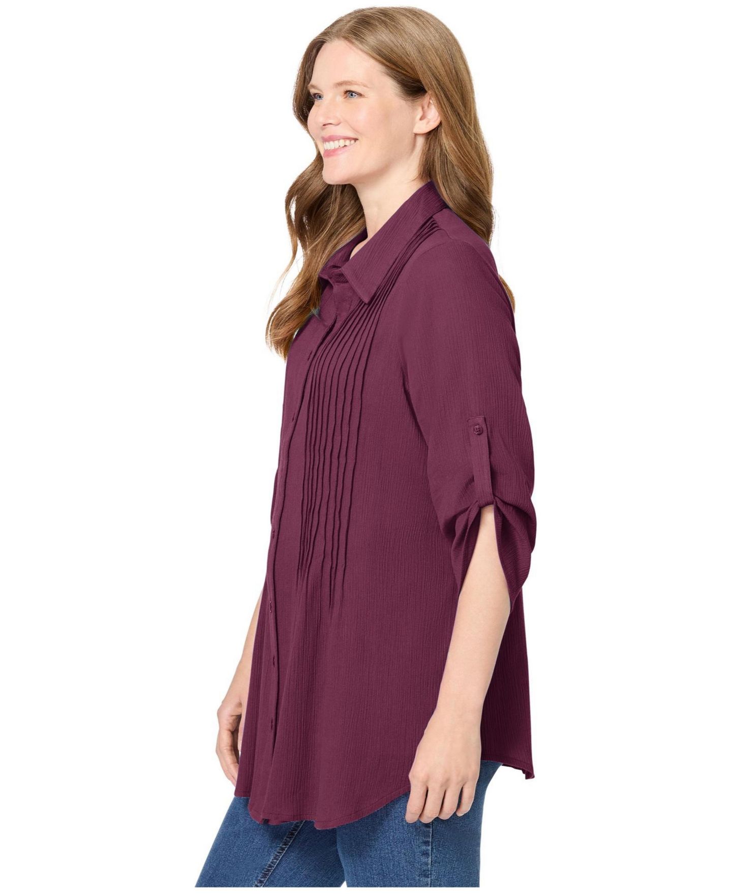 Женская рубашка Woman Within Within Pintucked Button Down Gauze, цвет: Глубокий бордово-красный — фото 3