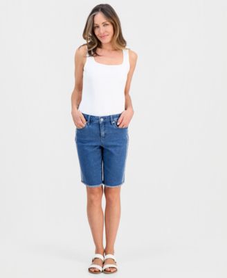 Style & Co - Petite Mid-Rise Embroidered Raw-Edge Bermuda Shorts