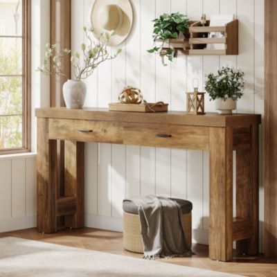 63" Console Table with 2 Drawers, Farmhouse Entryway Table with H-Shaped Sturdy Legs