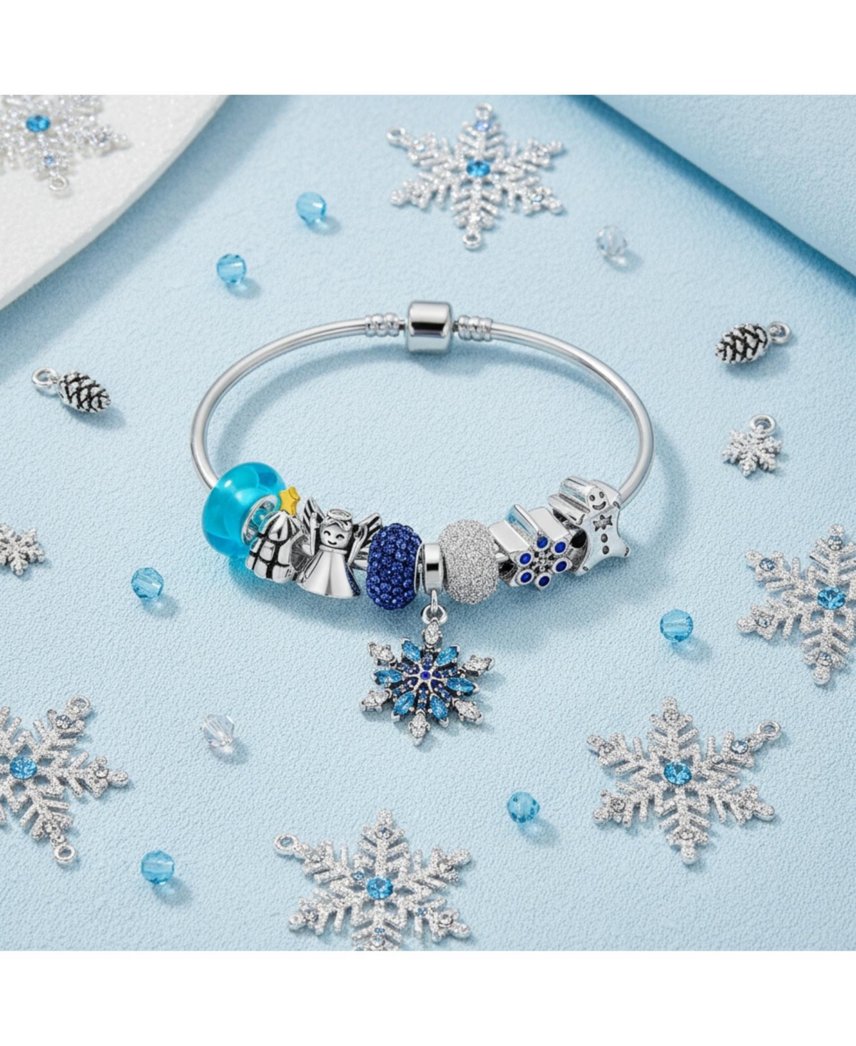 Bling Jewelry Elegant Blue Ice Snowflake Charm Bracelet with Crystal Beads and Silver Clasp