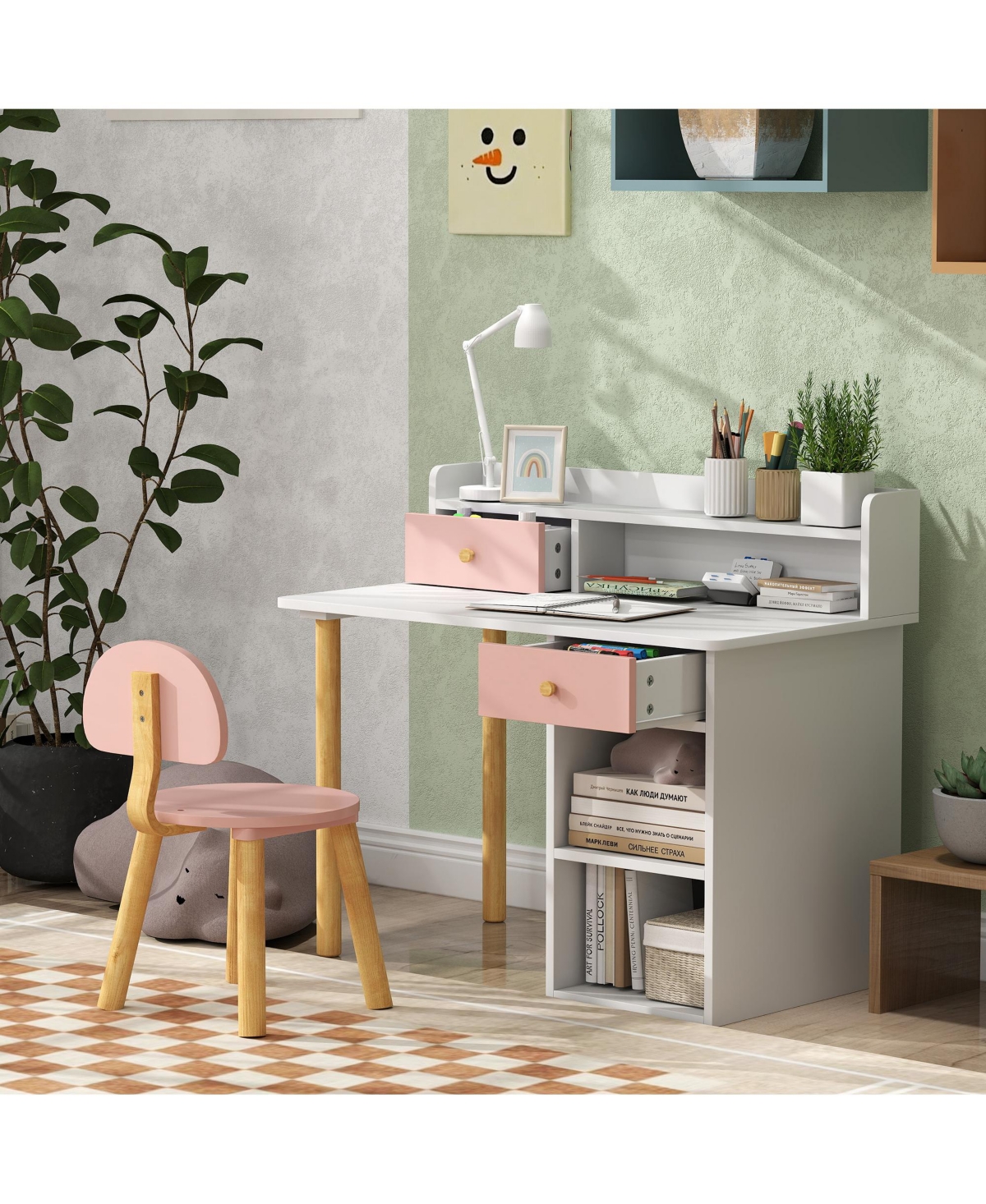 Qaba Kids Desk and Chair Set w/ Storage, for Girls Boys 3-8 Years,