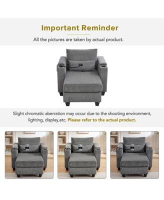 Convertible Chaise Lounge 37.4 Inches Sofa Chair Sofa Bed Corduroy Sleeper with USB Ports , Two Cup Holders, Phone Holder and Ample Storage Space