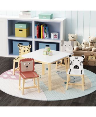 23.6"5 Piece Kiddy Table and Chair Set , Kids Wood Table with 4 Chairs Set Cartoon Animals (bigger table) (3-8 years old) White