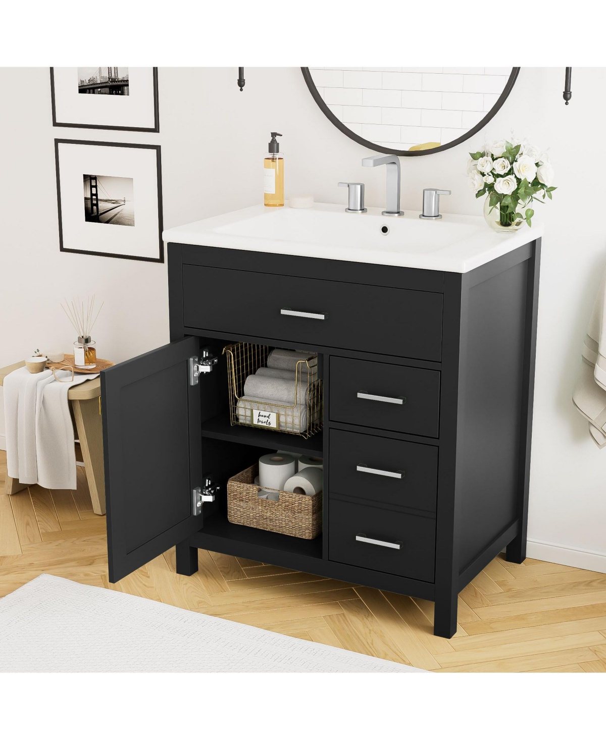 30-Inch Blue Bathroom Vanity with Ceramic Sink and Ample Storage - Ideal Choice for Small Bathrooms Black