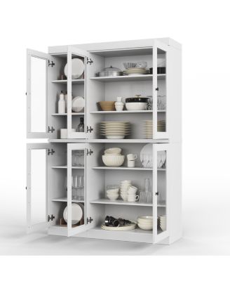 100% Solid Wood 48.5" Pantry China Cabinet with Clear Glass Doors & Adjustable Shelves