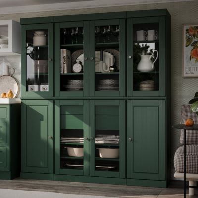 100% Solid Wood Tall Kitchen Pantry Cabinet with Glass and Raised Panel Doors, 2 Drawers