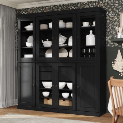 100% Solid Wood Tall Kitchen Pantry Cabinet with Glass and Raised Panel Doors, 2 Drawers