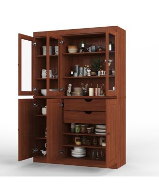 100% Solid Wood Pantry China Cabinet, Clear Glass Doors, Adjustable Shelves, 48.5" Wide, 71.5" Tall