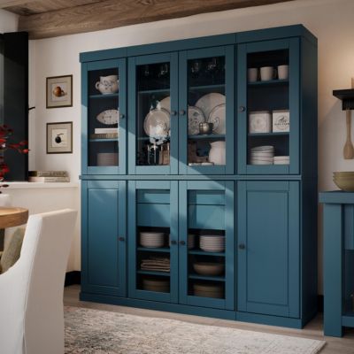 100% Solid Wood Tall Kitchen Pantry Cabinet with Glass and Raised Panel Doors, 2 Drawers