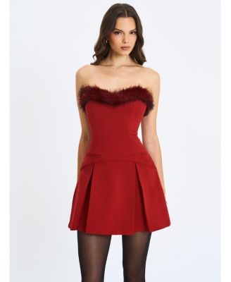 Women's Nalia Crimson Fur Trimmed Sweetheart Mini Dress