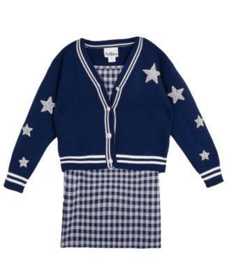 Girls' 7-16 Varsity Cardigan with Gingham Dress, 2-Piece Set