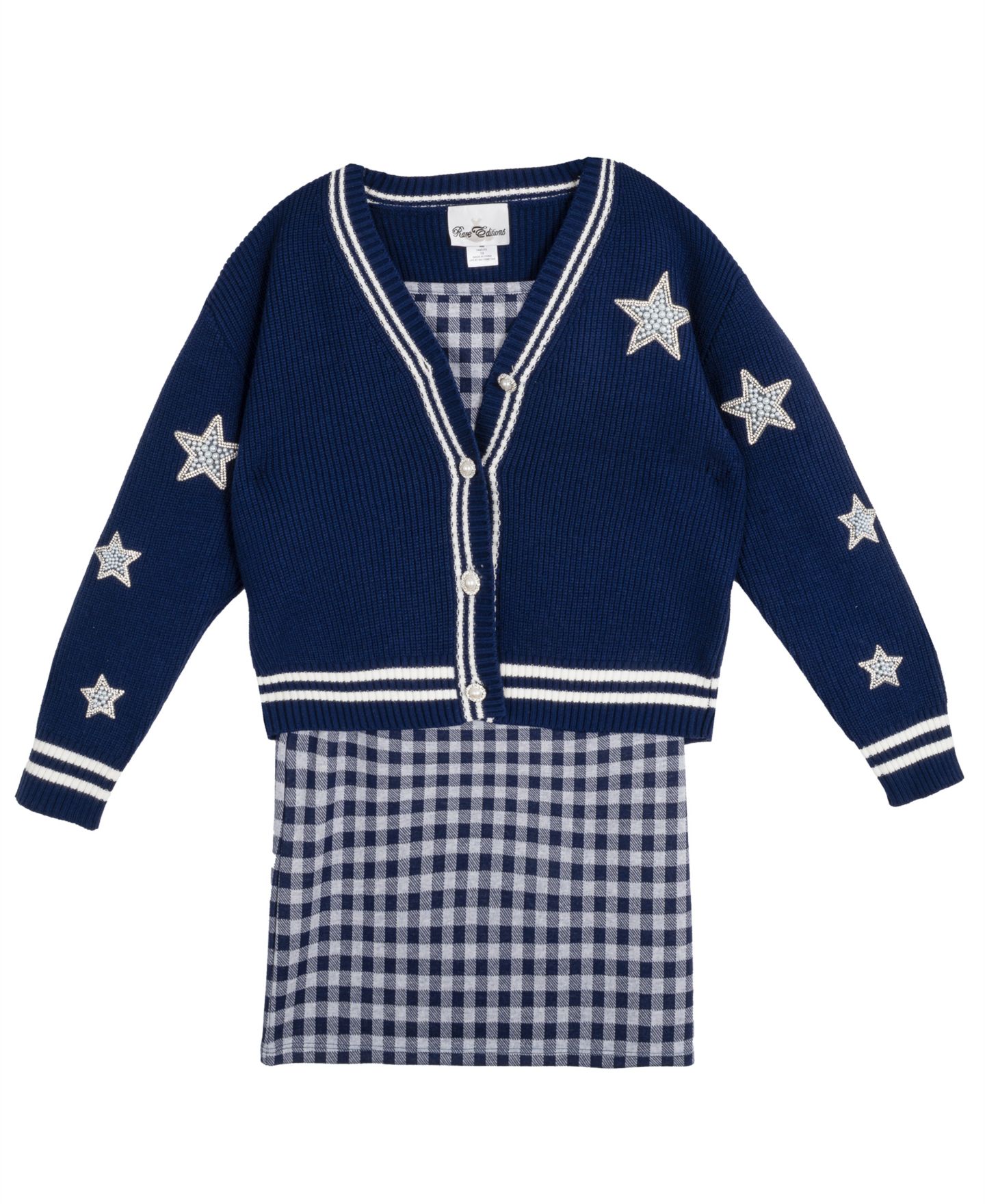 Кардиганы Rare Editions Varsity Cardigan with Gingham Dress, 2-Piece Set для девочек, цвет: Тёмно-синий — фото 5