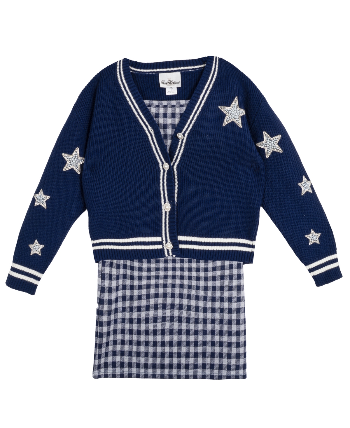 Rare Editions Girls 7-16 Varsity Cardigan With Gingham Dress, 2-piece Set In Blue