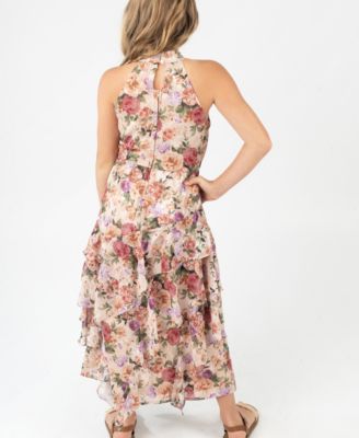 Girls' 7-16 Halter Neck Printed Burnout Chiffon Maxi Dress