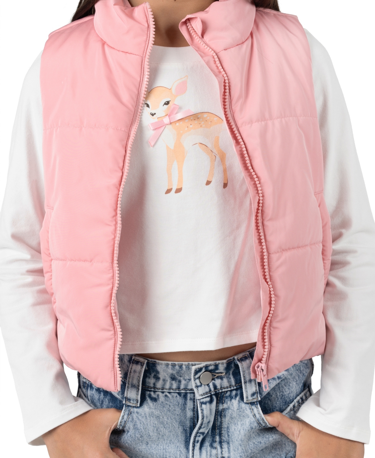 Rare Editions Girls 7-16 Puffer Vest, Graphic T-shirt And Distressed Jeans, 3-piece Set In Multi