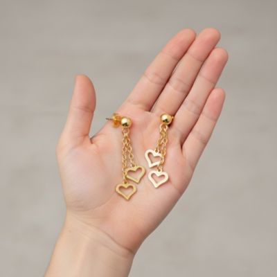 14K Gold Plated Double Heart Halo Dangle Chain Drop Earrings for Kids