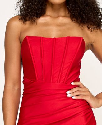 Junior's Sequin Twist Front Bandeau Slim Long Gown