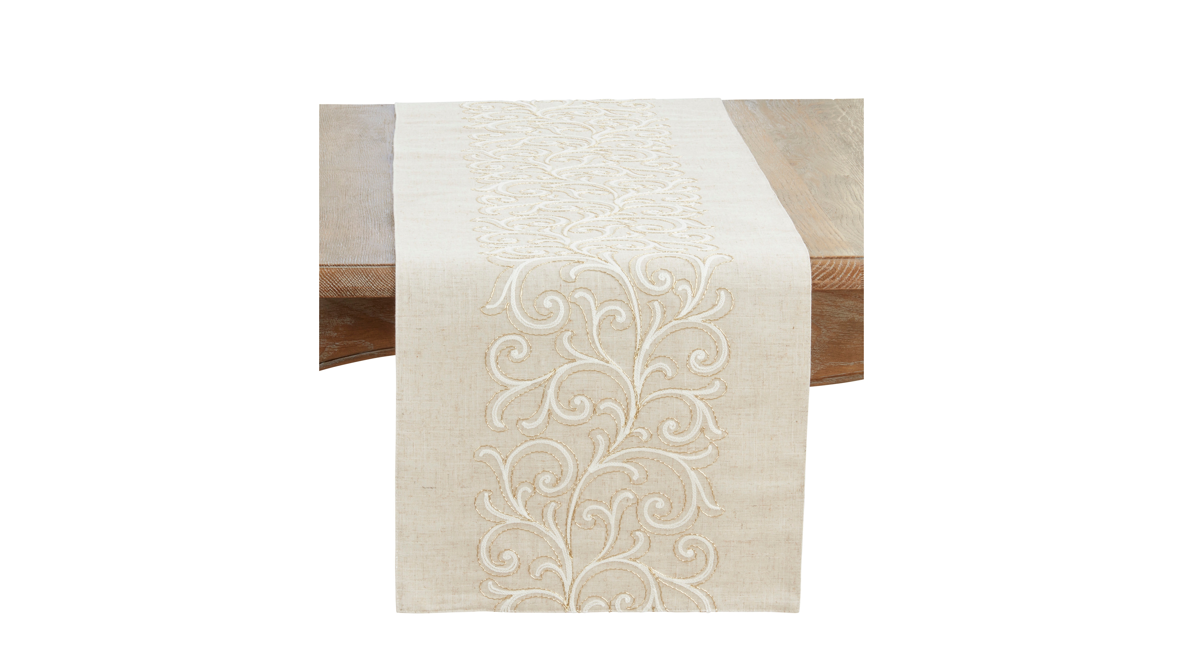 Saro Lifestyle Linen Blend Embroidered Scroll Table Runner, 16" x 70"