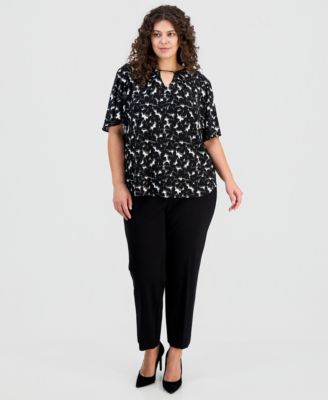 Plus Size Printed Short-Sleeve Keyhole Top