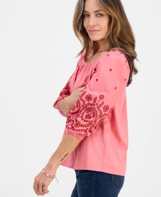 Petite Square-Neck Embroidered 3/4-Sleeve Blouse, Macy's Exclusive 