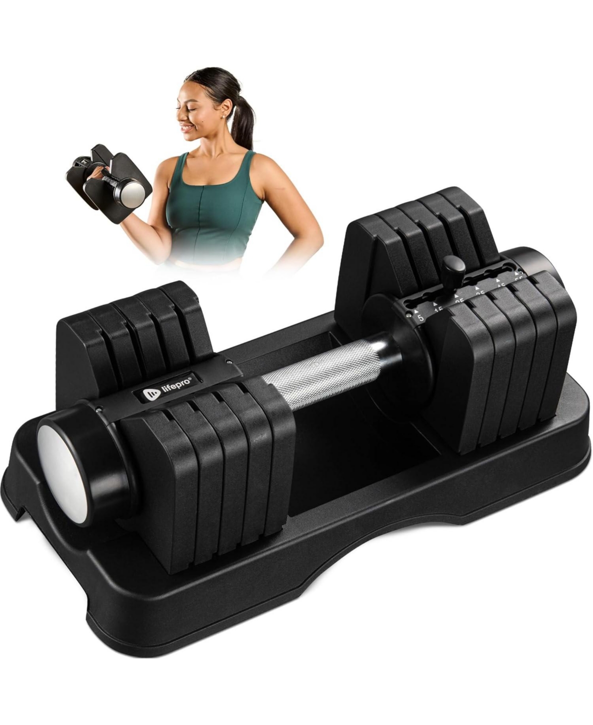 Lifepro Adjustable Dumbbell Set with Rack – 5-in-1 Quick-Change Hand Weights, 15lb, 25lb, or 43lb – Compact Adjustable Dumbbells for Men