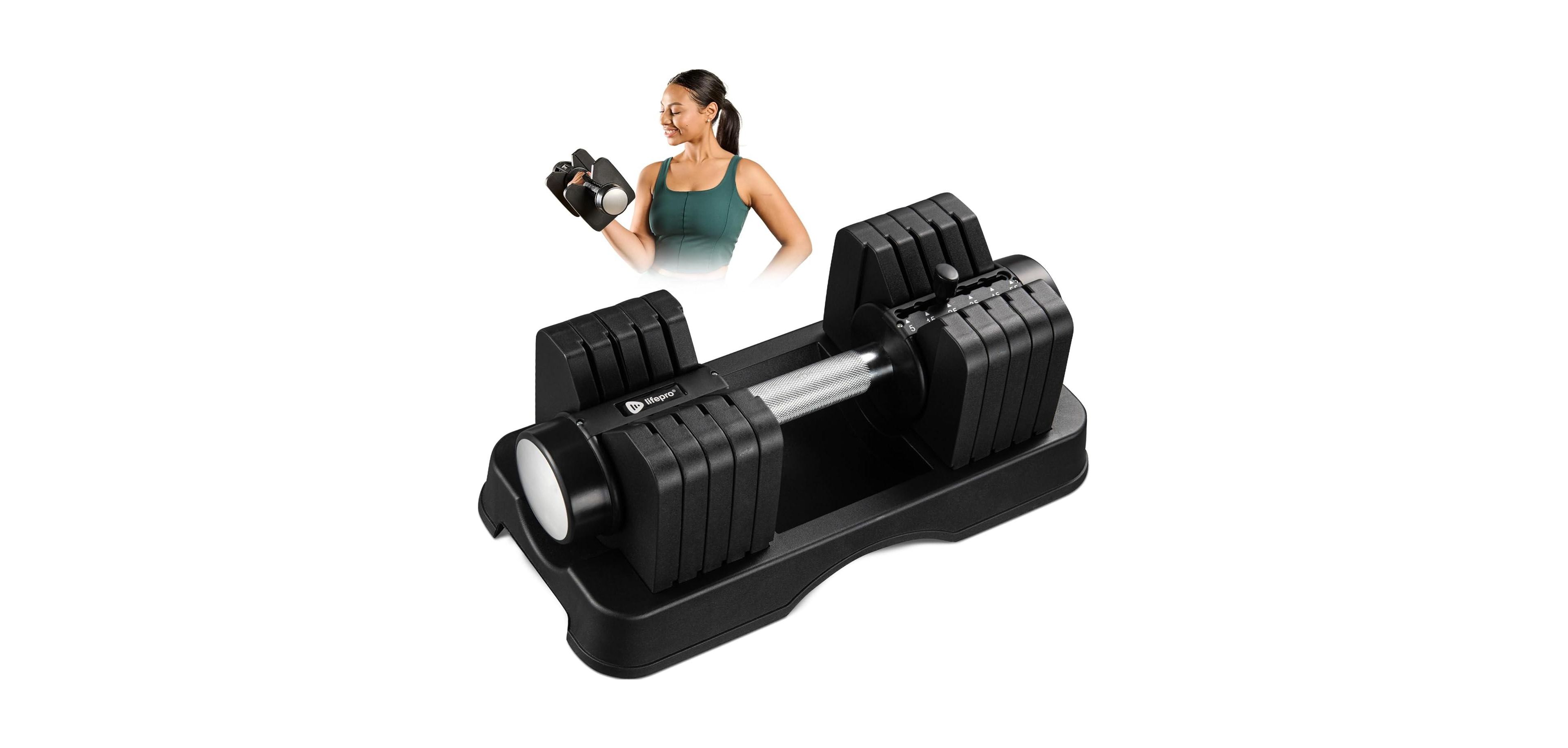 Lifepro Adjustable Dumbbell Set with Rack – 5-in-1 Quick-Change Hand Weights, 15lb, 25lb, or 43lb – Compact Adjustable Dumbbells for Men