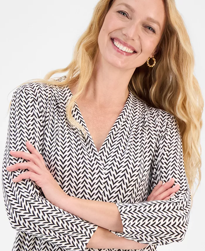 Women's Printed 3/4 Sleeve V-Neck Knit Top - thumbnail 7
