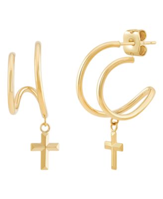 Macy's - Polished Dangle Cross with Double Illusion Tube Hoop Earrings in 14K Yellow Gold