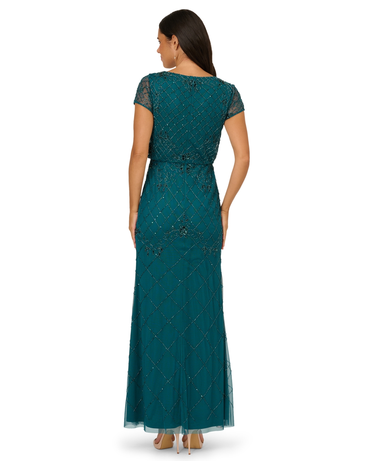 Adrianna Papell Petite Bead Blouson V-neck Long Dress In Blue