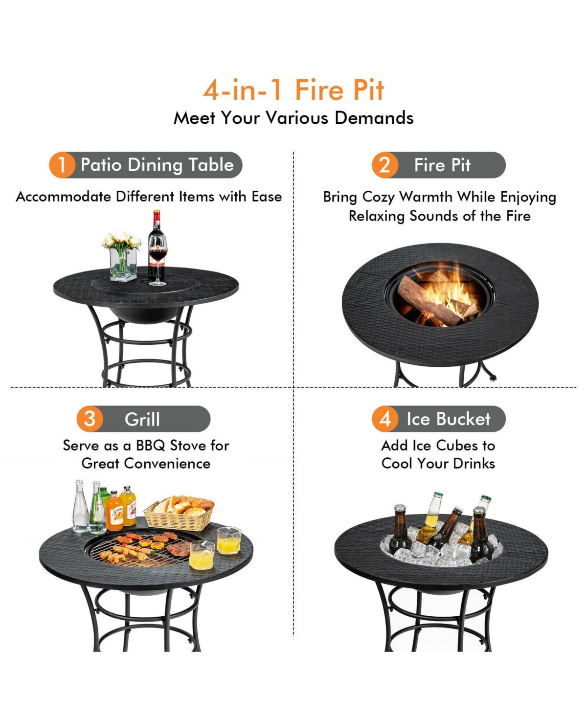 Mecale 31.5 Inch Patio Fire Pit Dining Table With Cooking Bbq Grate