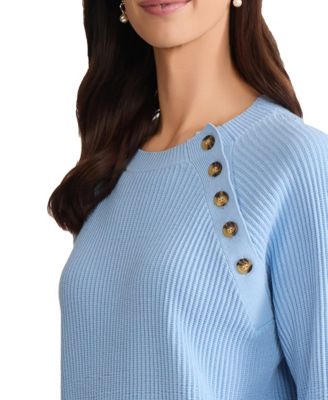 Petite Raglan Button Sleeve Crewneck Sweater