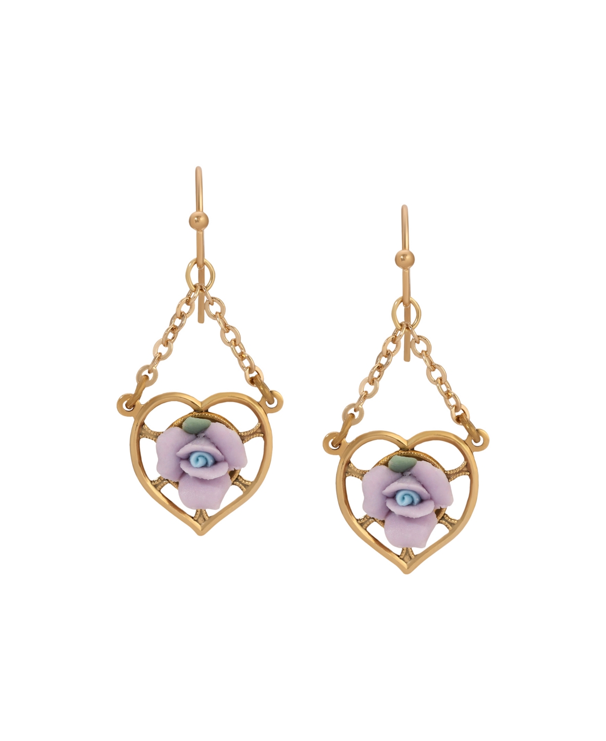 2028 Gold Tone Heart Porcelain Rose Earrings In Purple