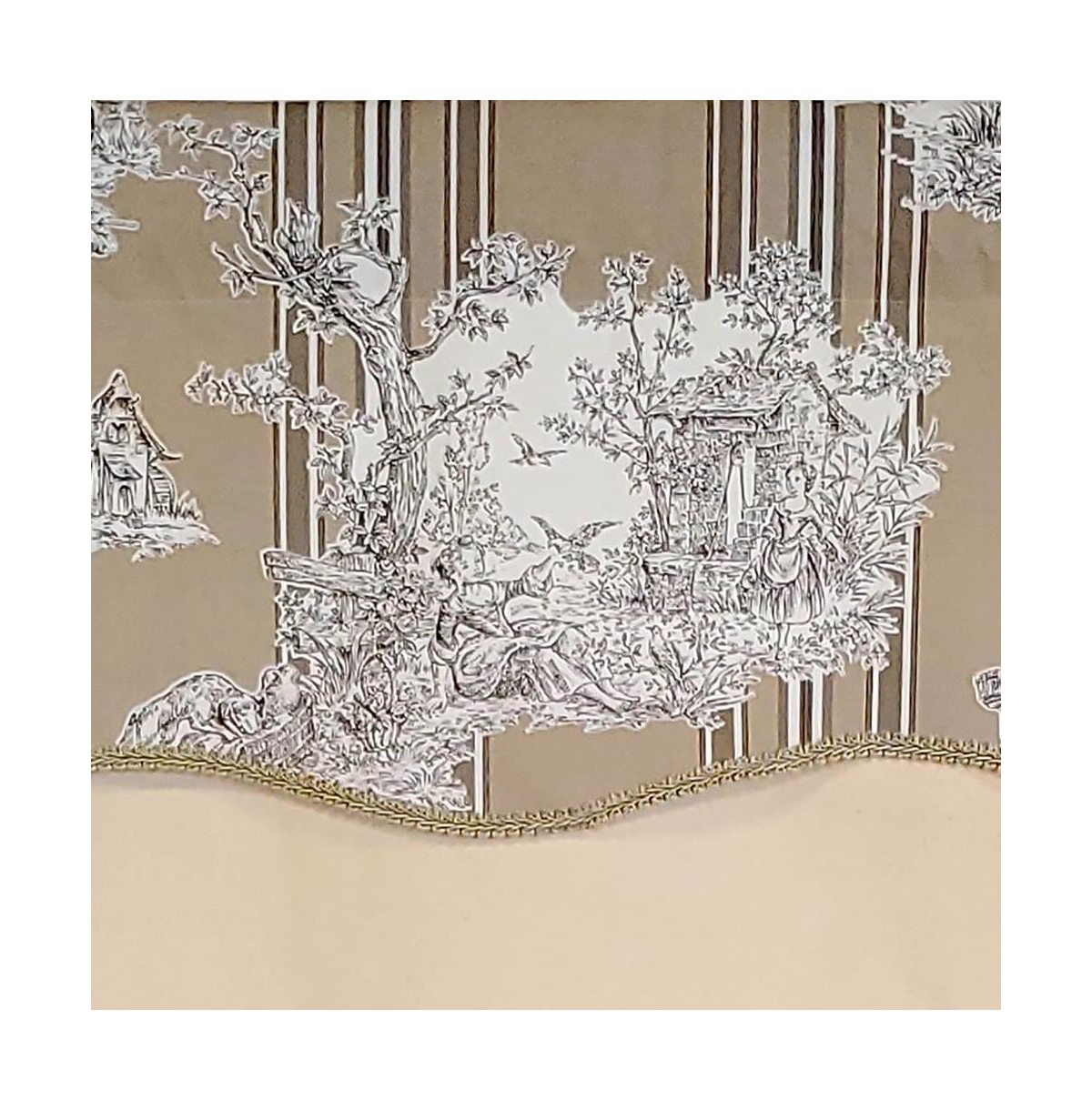 Rlf Home French Tableau Classic Toile Stripe and Solid Fabric Gimp Trim Ivory Lining No Header Glory Valance 50" X 16" Camel