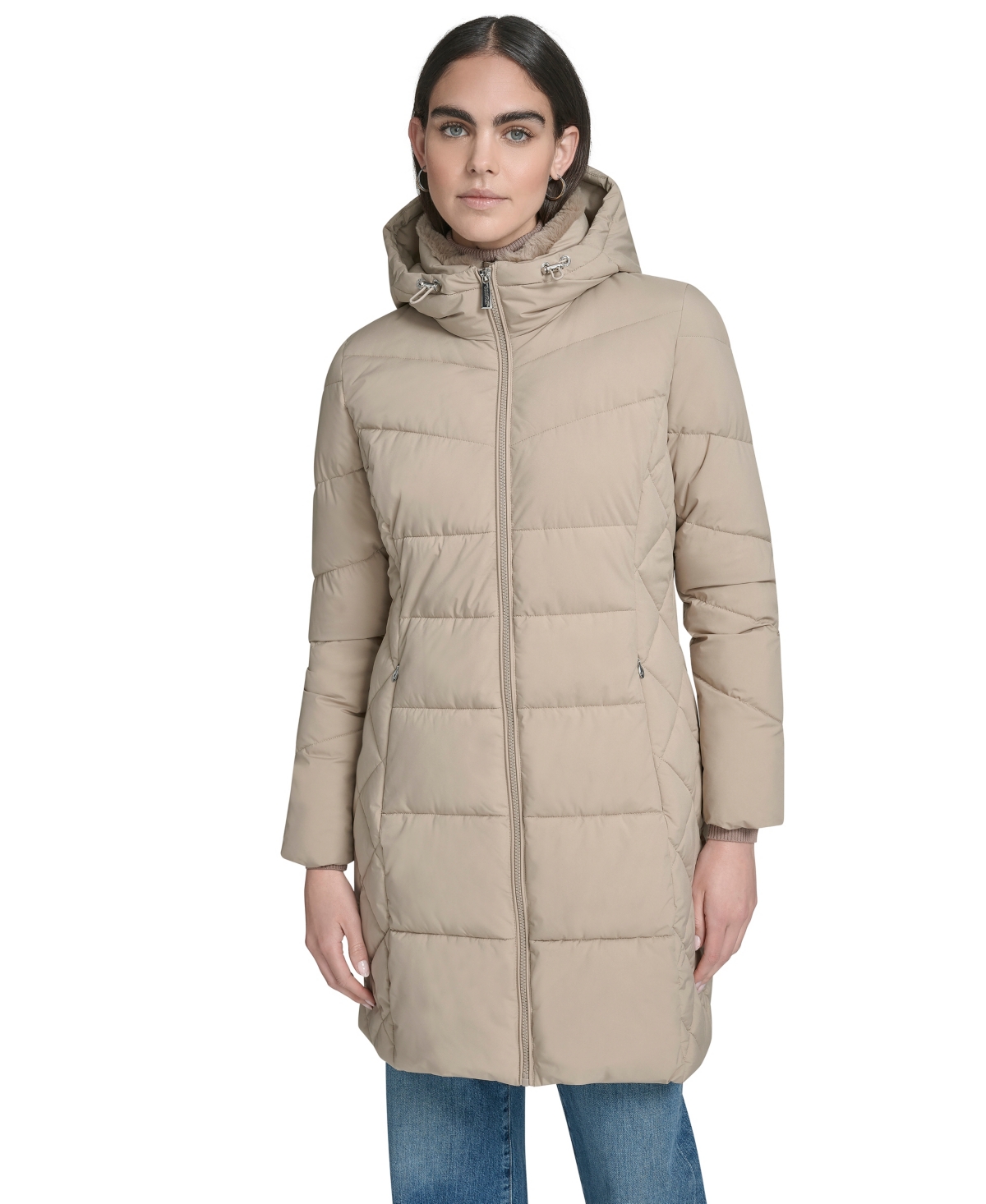 Calvin Klein Women's Collar Hooded Puffer Coat In Neutral