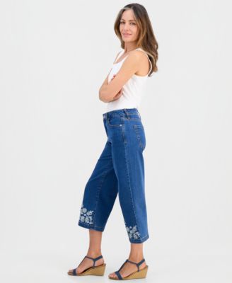 Petite High-Rise Embroidered Wide-Leg Jeans, Macy's Exclusive 