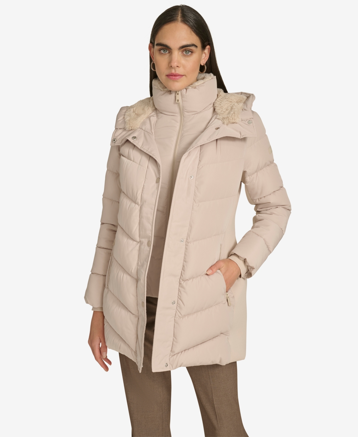 Calvin Klein Women's Lined Hooded Puffer Coat In Brown