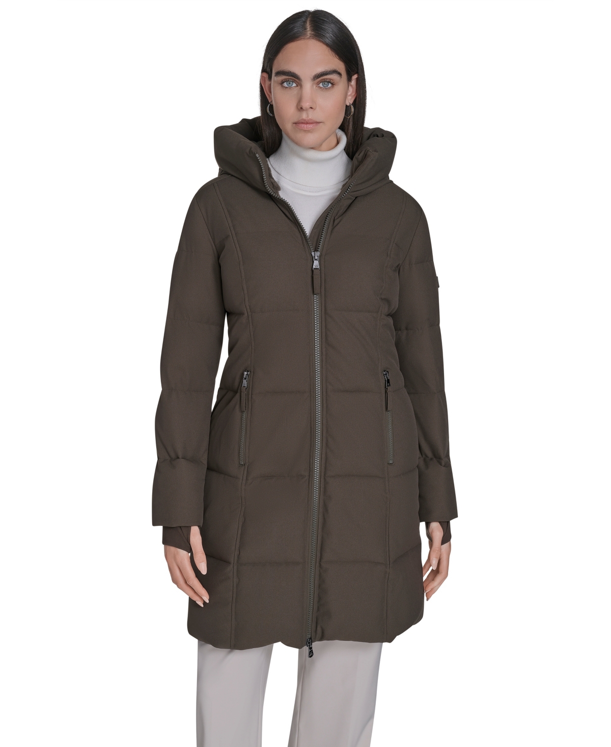 Calvin Klein Women's Stand Collar Hooded Puffer Coat In Brown