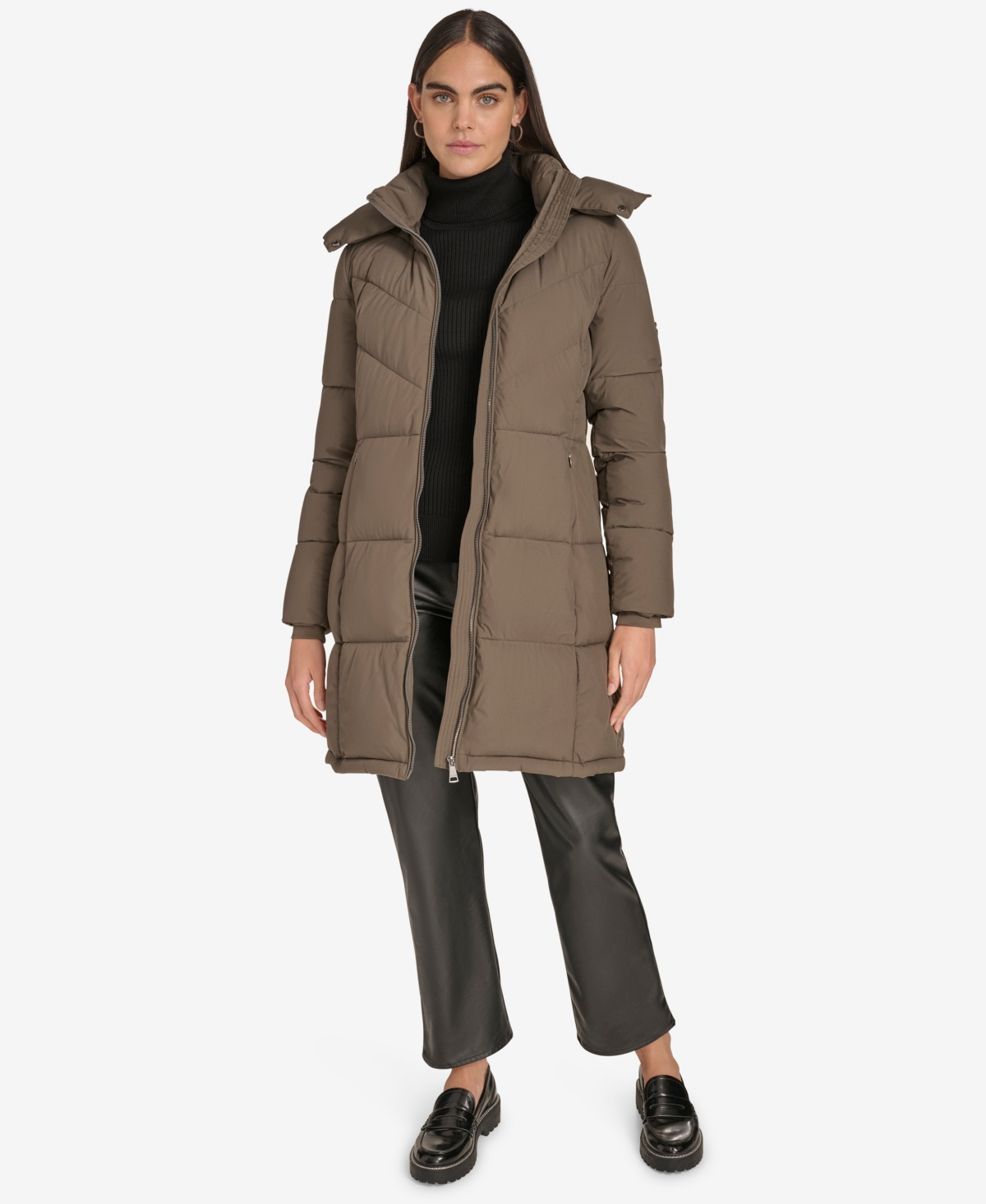 Calvin Klein Women's Hooded Stand Collar Puffer Coat In Brown