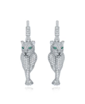 White Gold Plated with Green Eyes & Cubic Zirconia Panther Dangle Earrings in Sterling SIlver