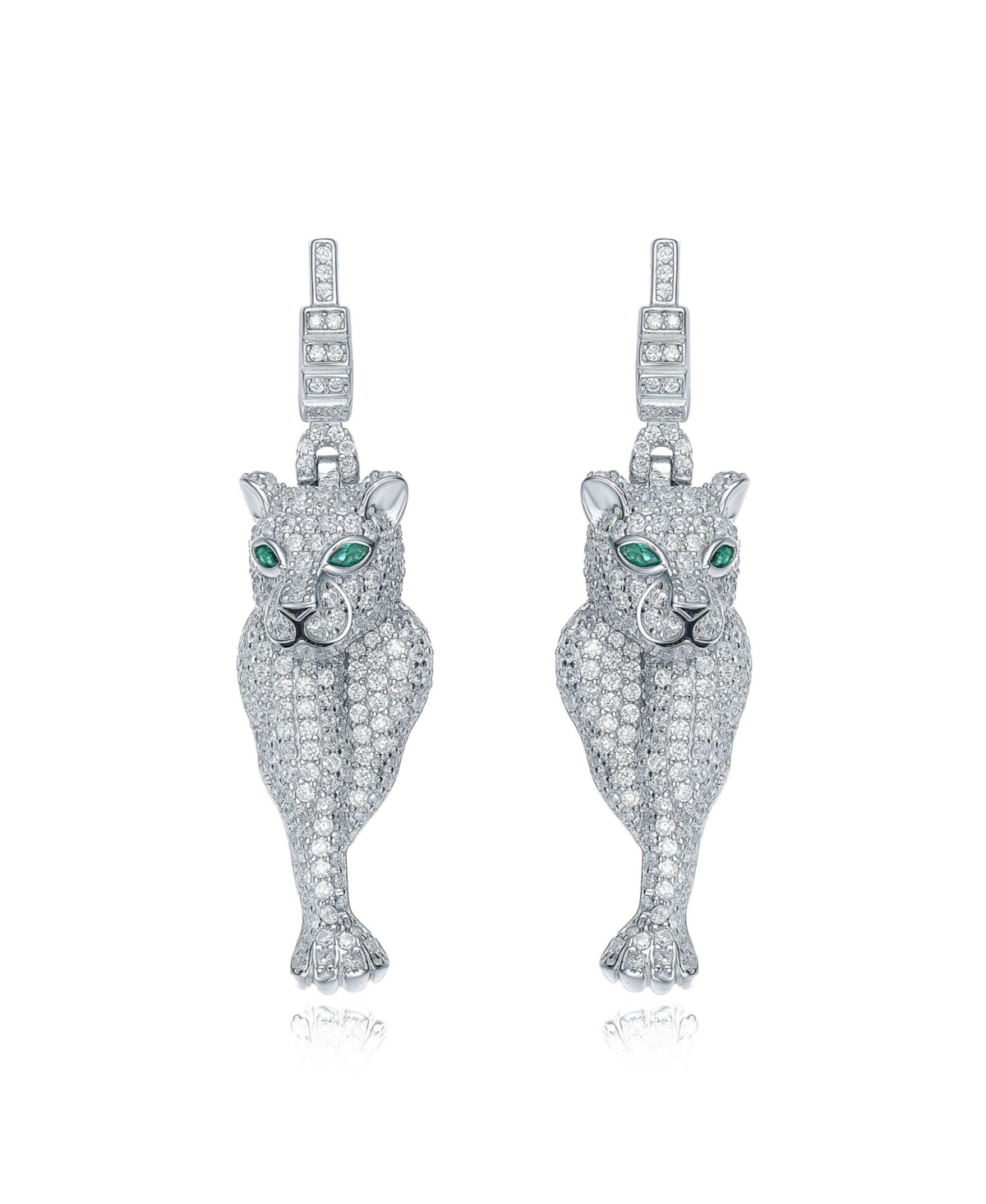 White Gold Plated with Green Eyes & Cubic Zirconia Panther Dangle Earrings in Sterling SIlver