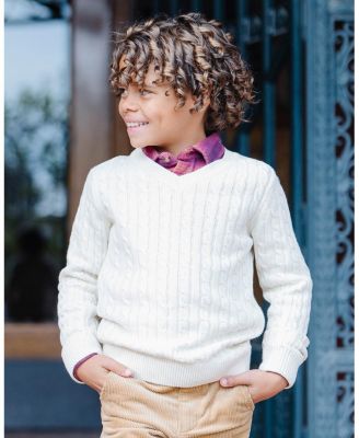 Boys Organic Long Sleeve V-Neck Cable Sweater